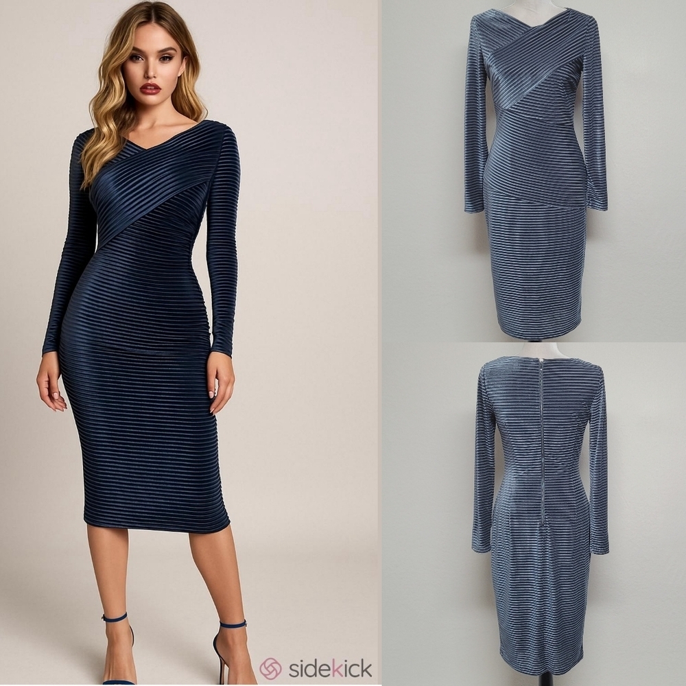 Adrianna Papell Slate Blue Ribbed Velvet V-neck Long Sleeve Sheath Midi Dress 4